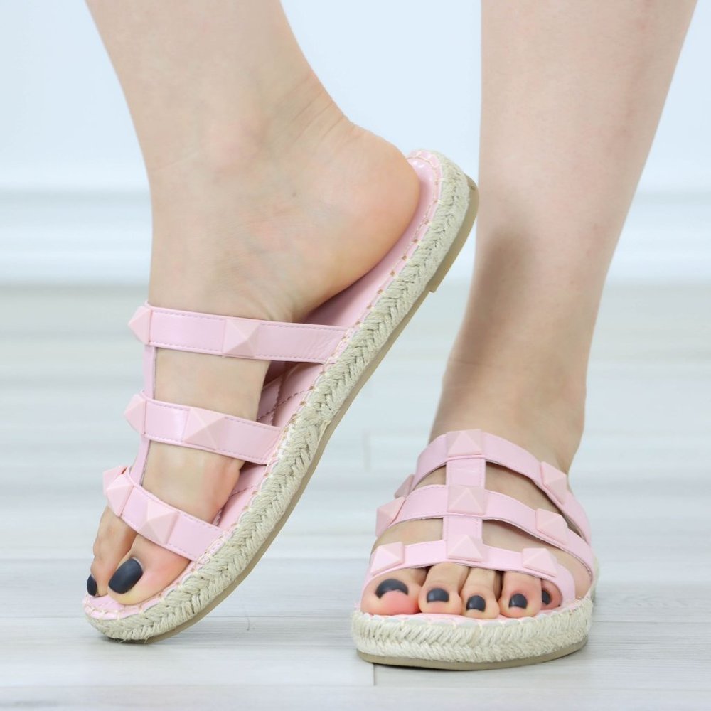 Pink Quilted Pattern Espadrille Trendy Comfy Flat Sandal Slip On Sliders - Picture 13 of 15